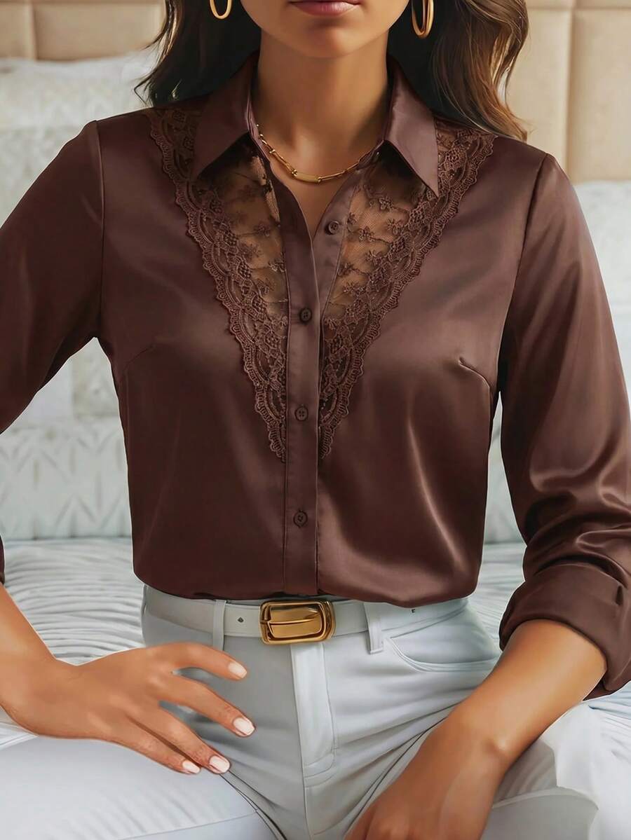 Reflora Plus Size Women's Lace Patchwork Casual Versatile Daily Wear Blouse Fall - Brown - View 1