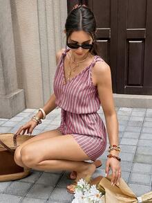 Serisse 女款紋理鈕扣裝飾彈性腰帶夏季簡約熱帶休閒連身褲 度假風 灰紫色 - 酒紅色 - 查看 7