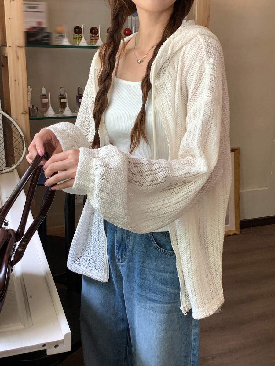 DAZY Women's Solid Color Loose Hooded Long Sleeve Zipper Hollow Out Casual Vacation Spring Autumn Thin Jacket - Apricot - View 1