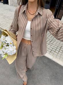 Serisse 女款休閒通勤度假早午餐粉色與白色條紋襯衫長褲兩件套秋季 - 棕色 - 查看 3