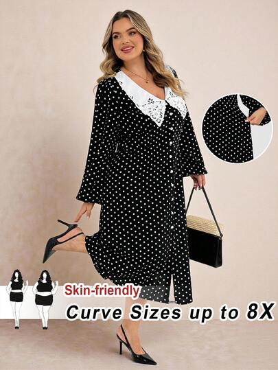 SHEIN CURVE+ Plus Size Women's Contrast Lace Collar Polka Dot Print Single-Breasted Elegant Dress Date Night Autumn