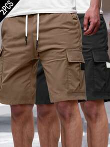 Manfinity Homme Men's Solid Color Elastic Waist Drawstring Pocket Cargo Shorts - Multicolor - View 4