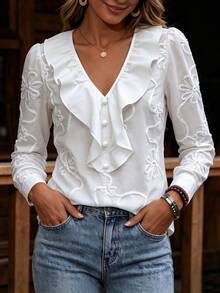 Louniche Blusa casual de vacaciones de unicolor con volantes y flores 3D - Blanco - Ver 3