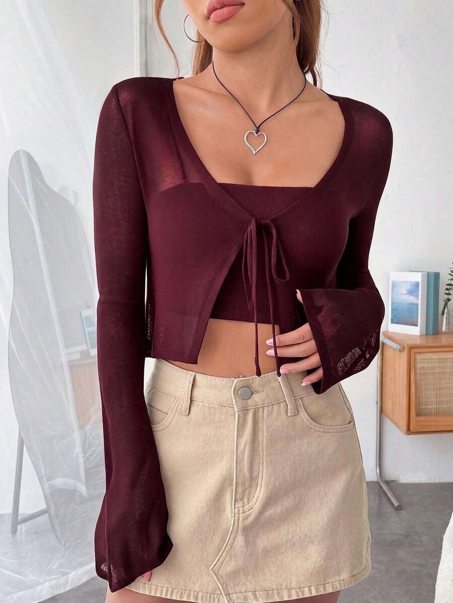 SHEIN EZwear 女款純色休閒百搭日常穿著長袖開襟衫 - 玫瑰紅 - 查看 1