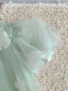 SHEIN Glamorique Kids 女嬰公主洋裝，3D花朵，泡泡袖，綠色薄紗洋裝，生日派對，婚禮節日禮服，舞會洋裝，畢業洋裝，夏季洋裝 - 綠色 - 查看 7
