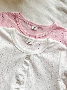 SHEIN Vintaside Kids 2件組少女純色長袖針織開襟衫，簡約風格，適合春夏休閒日常穿著 - 彩色 - 查看 3