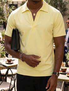 HIMLAND Men's Fashion Solid Color Short Sleeve Versatile Polo Shirt - Yellow - View 3
