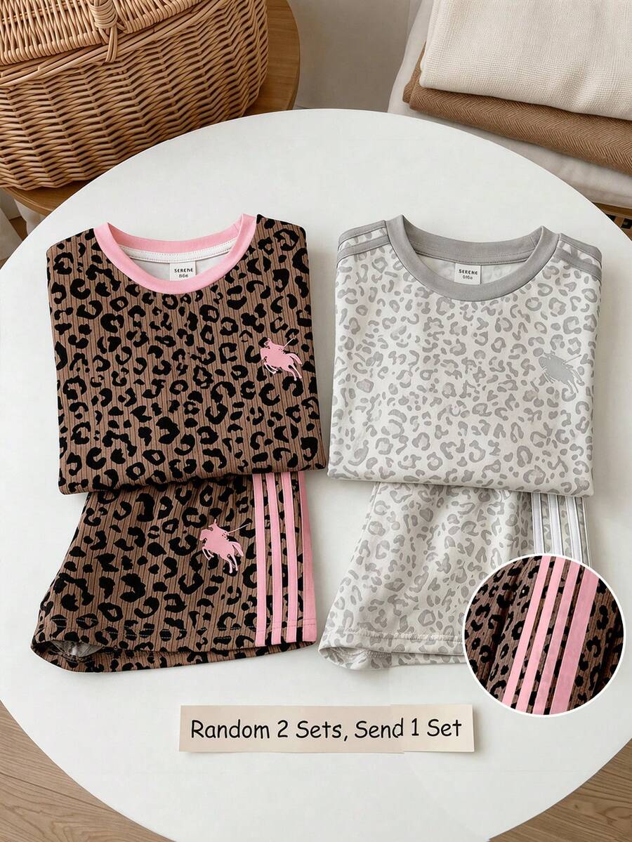 SHEIN 2pcs Vintage Leopard Print & Striped Round Neck Short Sleeve T-Shirt And Shorts Set,Young Girls Casual Outfit For Summer Daily,Holiday,School,Sports - Multicolor - View 1