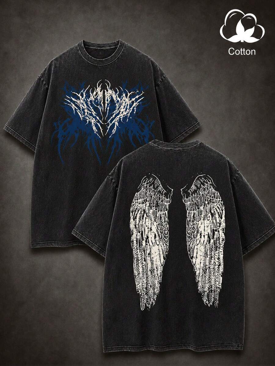 Manfinity EMRG Washed Plus Size Men's Wing Print Short Sleeve Casual T-Shirt - Black - View 1