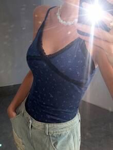 DAZY Women's French Fashion Lace Patchwork Jacquard Camisole Summer - Navy Blue - View 1