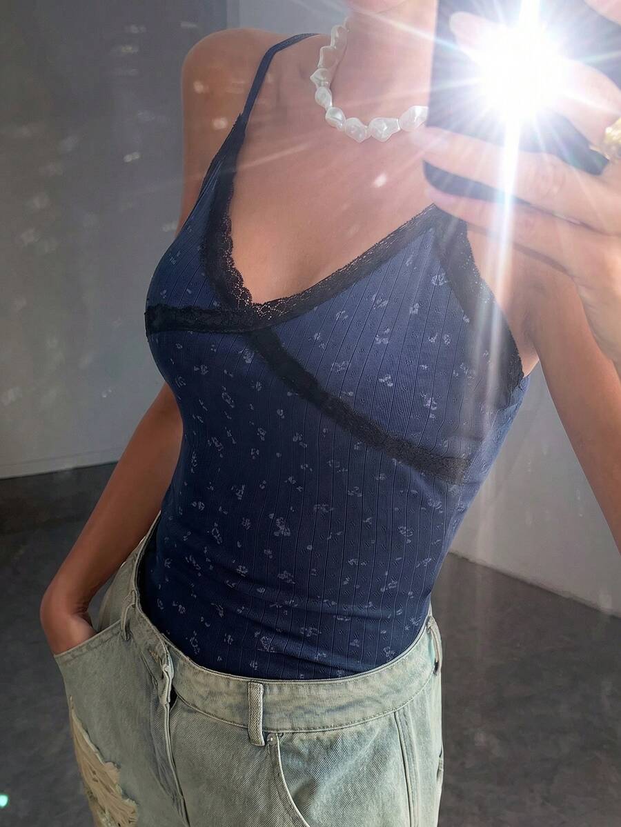 DAZY Women's French Fashion Lace Patchwork Jacquard Camisole Summer - Navy Blue - View 1