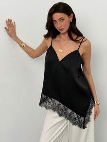 SHEIN PETITE CURVE 大尺碼女款優雅黑色緞面蕾絲拼接不對稱下擺細肩帶背心上衣，正式約會之夜晚裝，適合秋季，百搭Y2K派對 - 黑色 - 查看 6