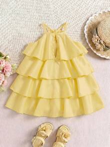 SHEIN Gaun Tanpa Lengan Motif Bunga Stereo Berwarna Kuning Lucu & Elegan untuk Bayi Perempuan, Gaun Elegan Musim Semi - Kuning - View 2
