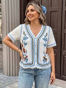 Vionelle Camiseta de manga corta con estampado elegante y casual francés para mujer de talla grande - Blanco - Ver 5