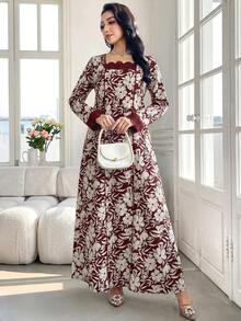 Al Najma Women's Floral Print Fashion Party & Travel Arabian Dress - Burgundy - View 5