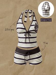 Elavelle Top de bikini tipo tank top con tirantes finos y lazo, estampado aleatorio, para mujer, primavera/verano - Multicolor - View 1