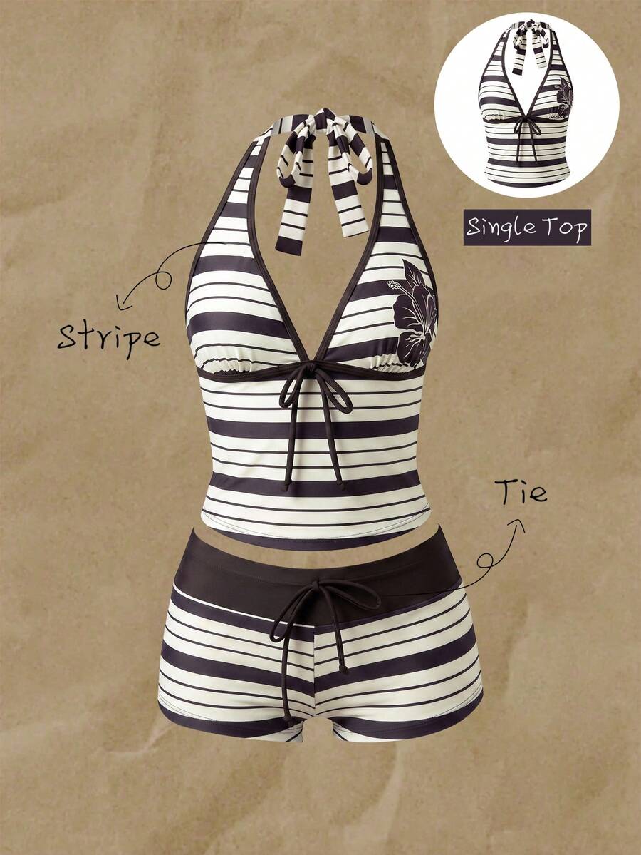 Elavelle Top de bikini tipo tank top con tirantes finos y lazo, estampado aleatorio, para mujer, primavera/verano - Multicolor - View 1