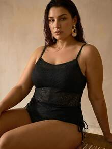 MOTF PREMIUM PLUS SIZE WOMEN'S LACE PATCHWORK SEMI-SHEER TANKINIS TOP, VACATION SWIMWEAR - Black - View 6