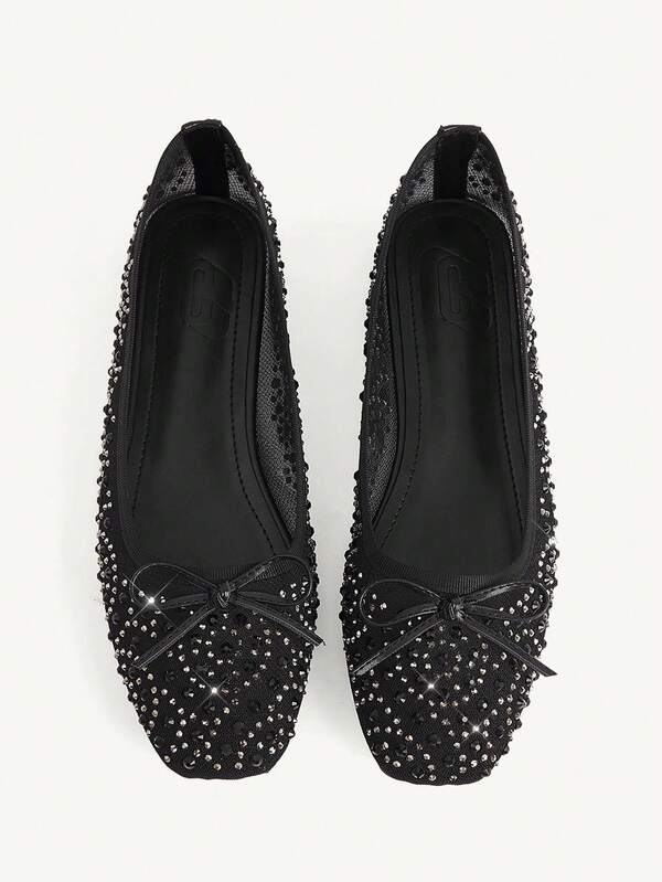 CUCCOO CHICEST Women Shoes Fashion Black Full Diamond Mesh Bow Flat Women's Shoes Elegant Comfortable Breathable Cute Sweet Women Flat Shoes
