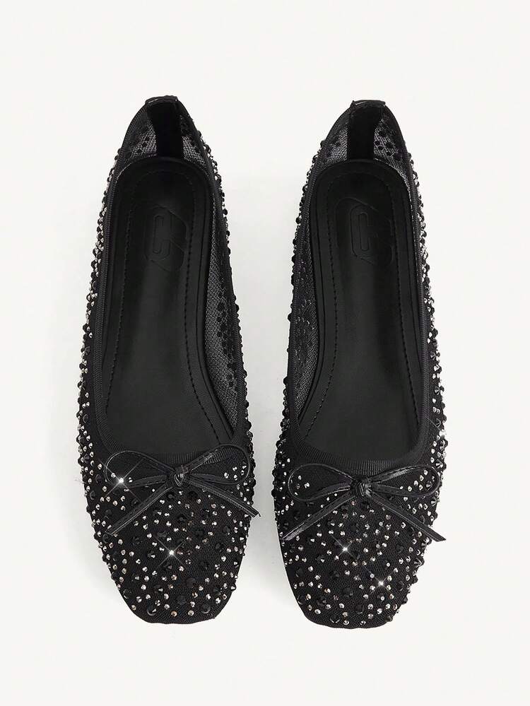 CUCCOO CHICEST Women Shoes Fashion Black Full Diamond Mesh Bow Flat Women's Shoes Elegant Comfortable Breathable Cute Sweet Women Flat Shoes - Black - View 1