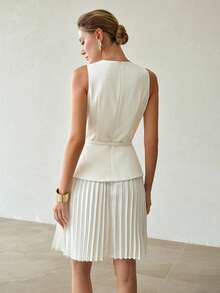 MOTF PREMIUM VESTIDO CORTO PLISADO ELEGANTE Y A LA MODA PARA MUJERES - Blanco - Ver 3