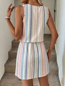 SHEIN LUNE Women's Casual Printed Short Dress Suitable For Spring And Summer Vacation Pink And White Striped - Multicolor - View 6