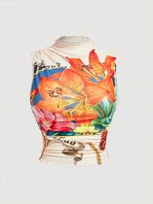 SHEIN MOD Camiseta de tirantes con estampado floral de malla talla grande - Albaricoque - Ver 2