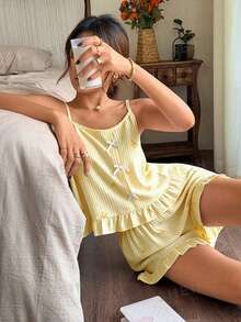 Napfluff Sweet Bow Decor Pink Striped Bow Print Cami Shorts Pajama Set - Yellow - View 6
