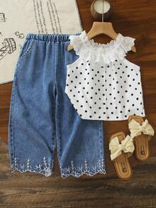 SHEIN Elladie kids 女童 2 件套套裝，甜美波點蕾絲荷葉領無袖鈕扣上衣 & 刺繡下擺牛仔寬腿褲套裝，夏季日常穿搭 - 白色 - 查看 3