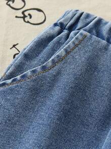 SHEIN Elladie kids 女童 2 件套套裝，甜美波點蕾絲荷葉領無袖鈕扣上衣 & 刺繡下擺牛仔寬腿褲套裝，夏季日常穿搭 - 白色 - 查看 7