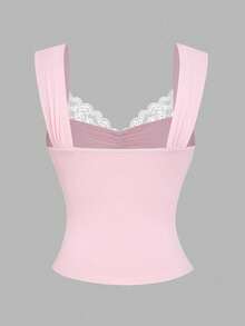 Vibekara Plus Size Women's Contrast Lace Tank Top And Pants Casual 2 Pieces Set - Pink - View 5