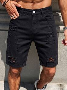Manfinity Homme Men's Spring/Summer Streetwear Casual Distressed Ripped Straight Leg White Denim Shorts - Black - View 6