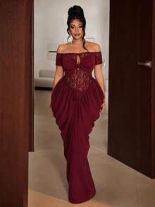 Maweii Plus Size Burgundy Off Shoulder Lace Dress With Hollow Bow Design And Pleated Gown - Red - View 3
