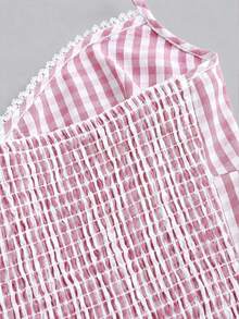 Sweetra Plaid Bow Decor Lace Trim Halter Neck Tie Strap Tank Top - Pink - View 5
