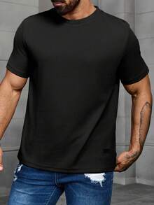 Manfinity Homme Men Plus Size Fashion Solid Color Plain Short Sleeve T-Shirt, For Going Out - Black - View 6