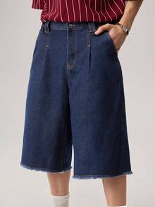 Vaulklash Men's Solid Color Minimalist Denim Wide Leg Shorts - Dark Wash - View 6