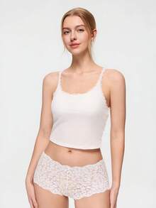 Bonmuse 1pc Lace Patchwork Camisole Top With Padded Bust, Fitted Sleeveless Cropped Ribbed Tank Top, Suitable For All Seasons - White - View 4