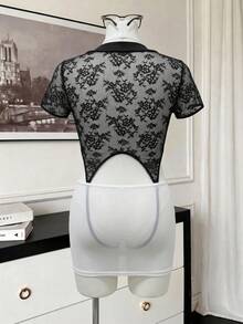 Spicy Aura Sexy Series Lace Sheer Cutout Plus Size Lingerie Costume 3pcs Set - Multicolor - View 2