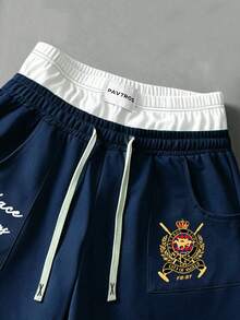Manfinity Roghcode 男士美式學院風徽章刺繡T恤短褲兩件套，POLO領半袖T恤，2合1短褲，針織運動套裝，美式復古學院風，高街時尚，奢華運動服，日常通勤，校園活動，聚會，休閒社交，高爾夫及其他戶外運動，節日禮物 - 藏蓝色 - 查看 4