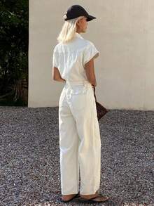 Livesso Women's Long Denim Overalls And Jumpsuit With Collar And Cinched Waist - White - View 2
