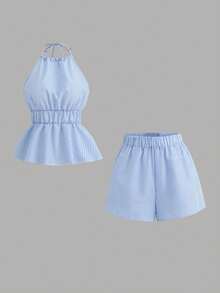 Selianne Blue Striped Halter Neck Peplum Top With Ruffle Hem And Matching Mini Shorts For Women Casual Two-Piece Set - Blue - View 3