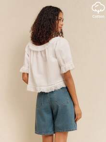 lacRébo White Cotton Blouse With Embroidered Details Front Buttoning Summer Holiday Work Brunch Vacation Office Top Cottagecore Romantic - White - View 2
