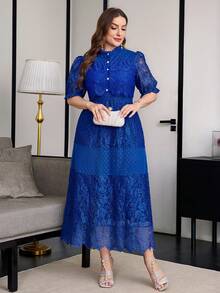Reflora Vestido Elegante de Talla Grande con Botones de Perlas Falsas y Encaje Celestial Azul Real para Boda, Fiesta, Cóctel, Verano - Azul - Ver 6