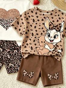 SHEIN Vintaside Kids (Random 3 Sets,Send 1 Set)Baby Girl Glitter Leopard Print Heart Bow Rabbit Flower Striped Pattern Basic Short T-Shirt & Cycling Shorts 2-Piece Set - Multicolor - View 5