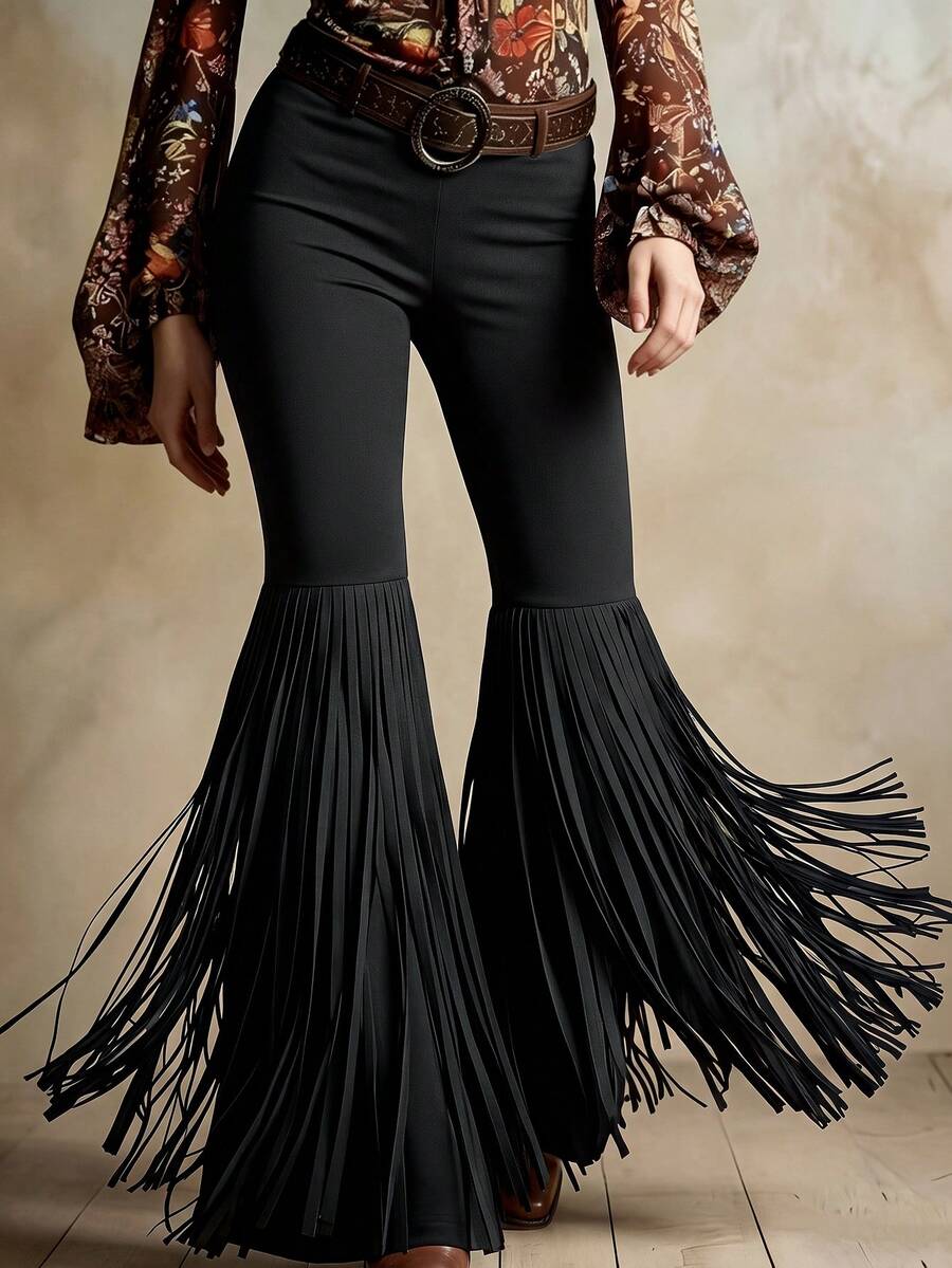 SHEIN LilyWest بنطلون نسائي بلون موحد بتصميم شرابات كاجوال متعدد الاستخدامات للارتداء اليومي بقصة ساق واسعة - الأسود - مشاهدة 1