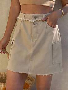 DAZY Summer Autumn Cotton High Waist Solid Color Washed Casual A-Line Slim Fit Contrast Stitching Khaki Women's Denim Skirt - Khaki - View 3