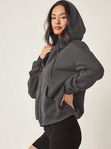 SHEIN BASICS 舒適抓絨落肩拉鍊連帽衛衣，秋冬長袖上衣 - 深灰色 - 查看 3