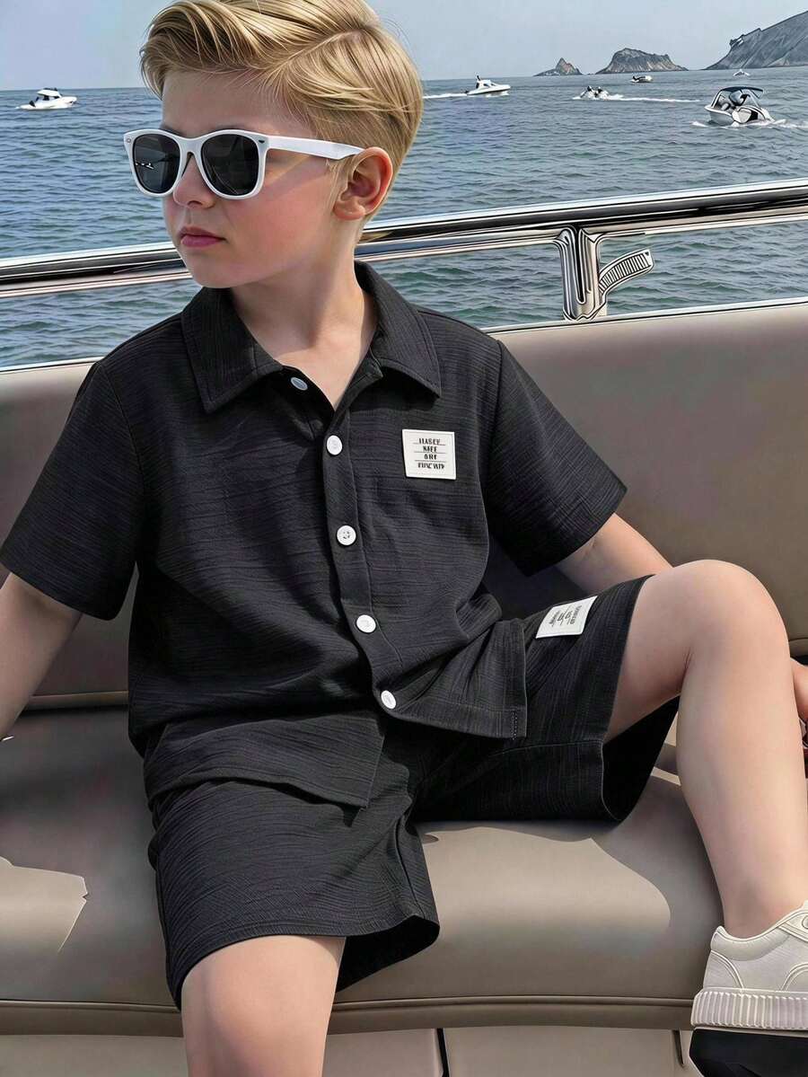 SHEIN Genkimix Kids 小男孩拼接單排扣短袖襯衫與短褲休閒日常兩件套 - 彩色 - 查看 1