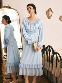 Côtesoire Women's Lace Patchwork Pleated Casual Daily Home Sleep Dress - Baby Blue - View 5