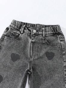 SHEIN 女童/幼童時尚雪花水洗做舊刺繡喇叭褲 - 灰色 - 查看 6